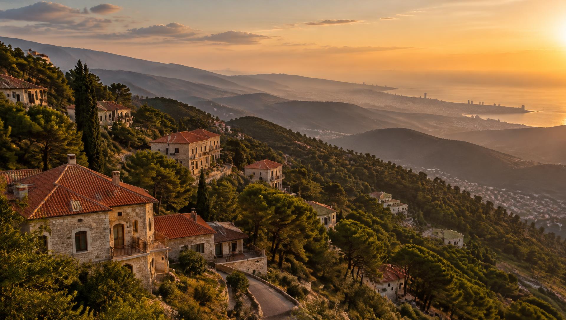 Aley ridge at sunset with stone houses and pines