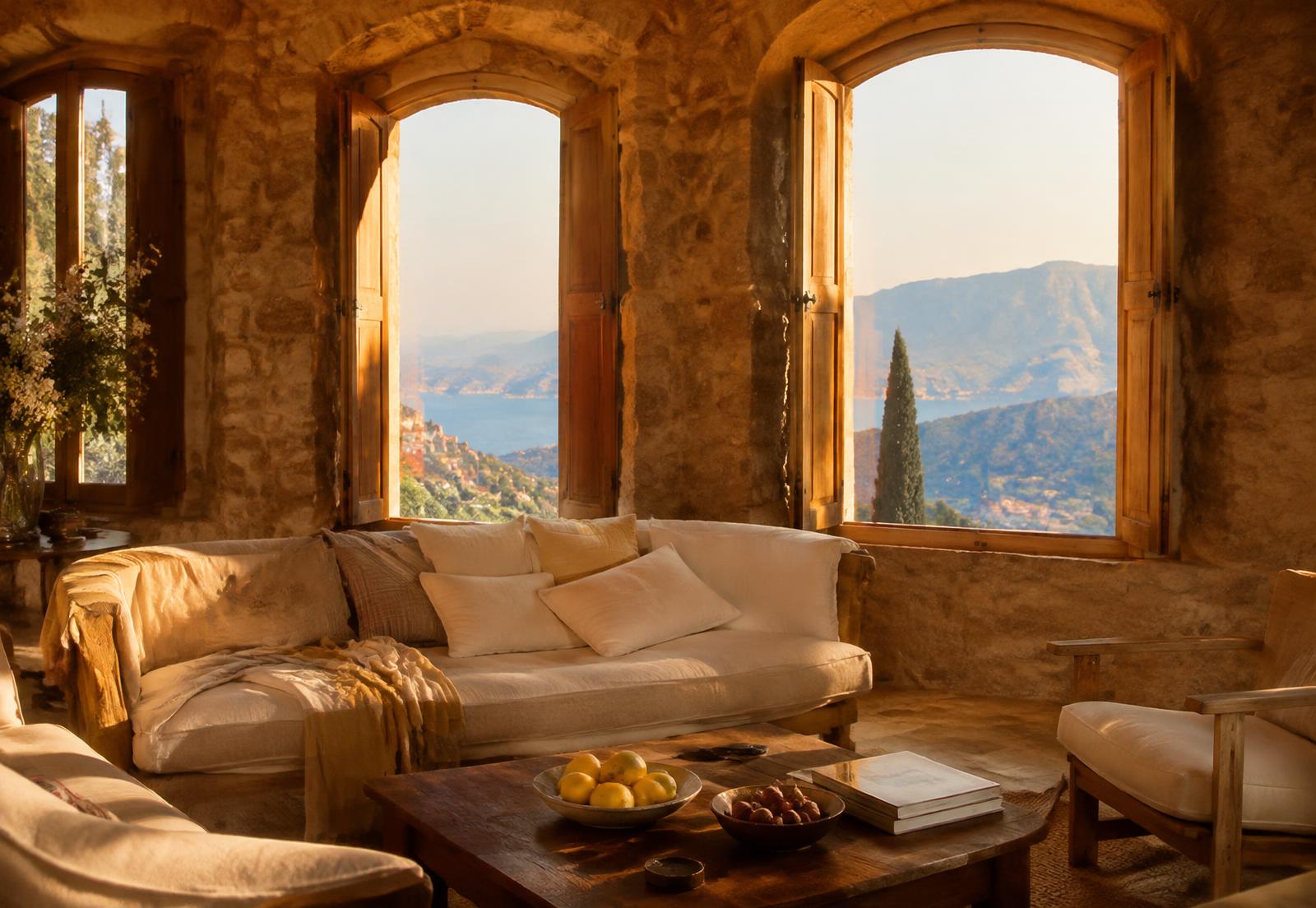 Sunlit Lebanese stone living room ready for arrival