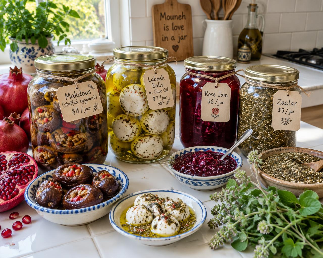 Jars of makdous, labneh and rose jam on Teta Odette's kitchen table