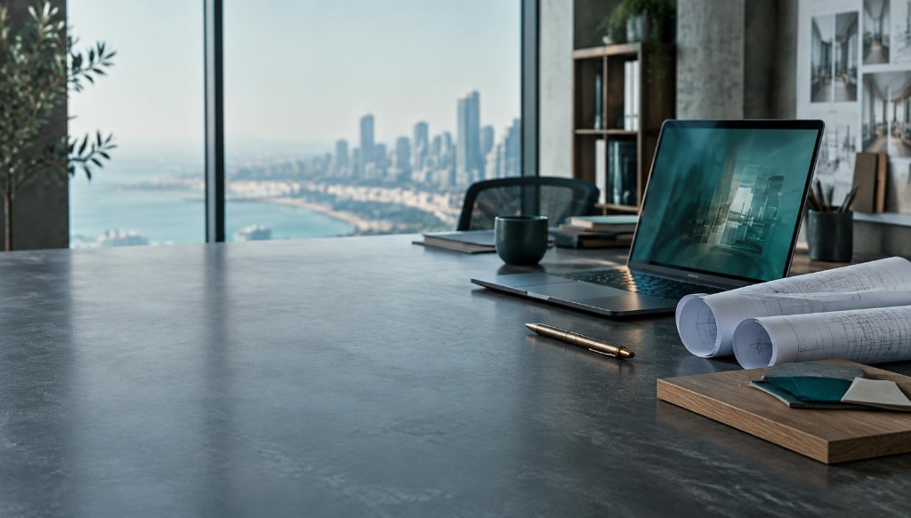 Ops desk — laptop, plans, oak samples