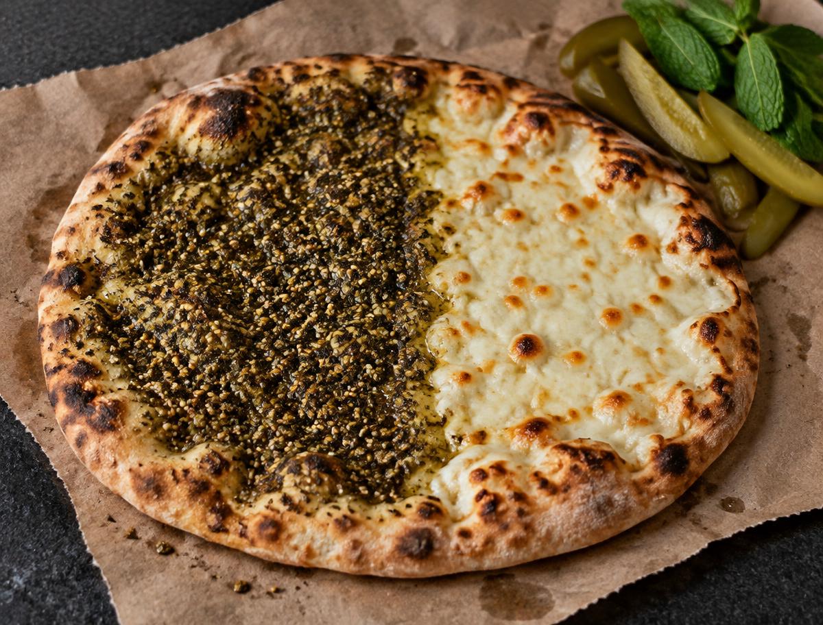 Half za'atar, half akkawi cheese man'oushe on brown paper with pickles and mint