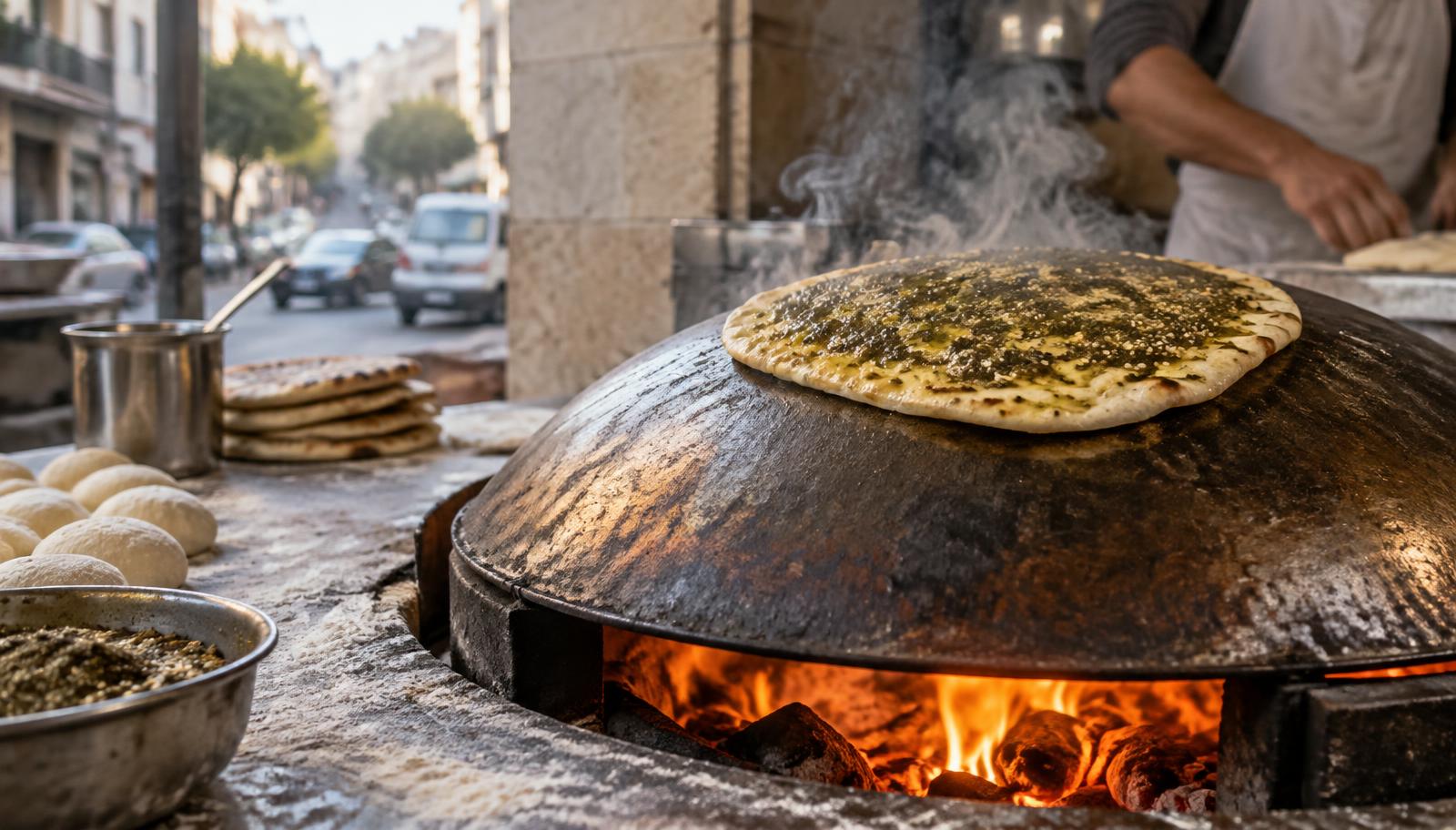 Man'oushe with za'atar bubbling on the saj dome over open flame