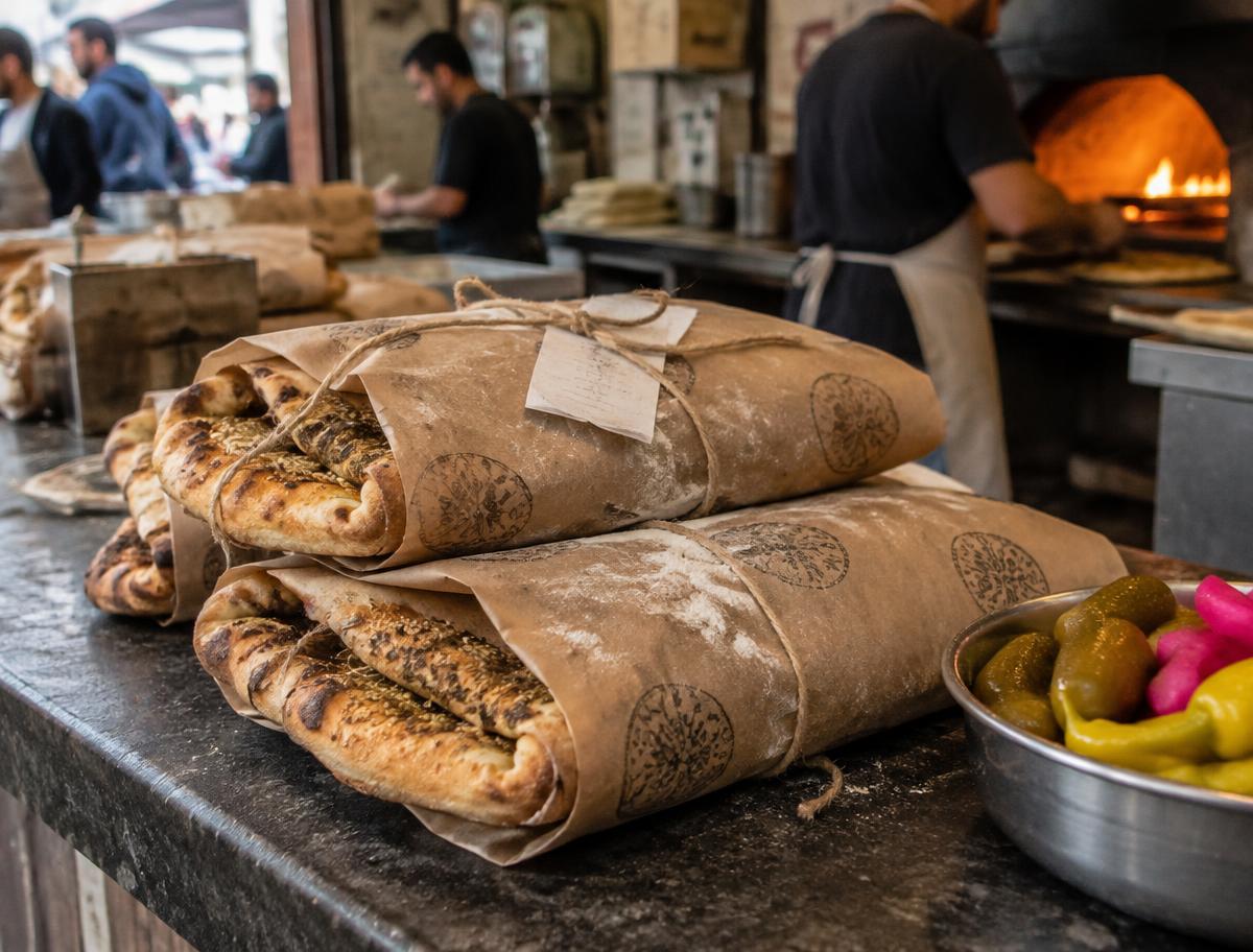 Man'oushe wrapped in stamped brown paper, stacked with a ticket stub and pickles
