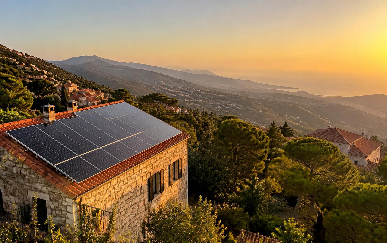 Solar panels on a stone house in the Metn